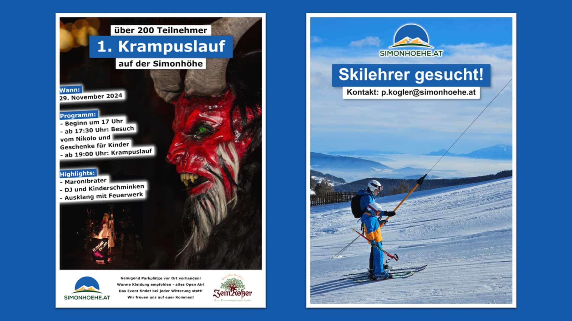 Jobanzeige für Skilehrer und Werbung für den Krampuslauf auf der Simonhöhe