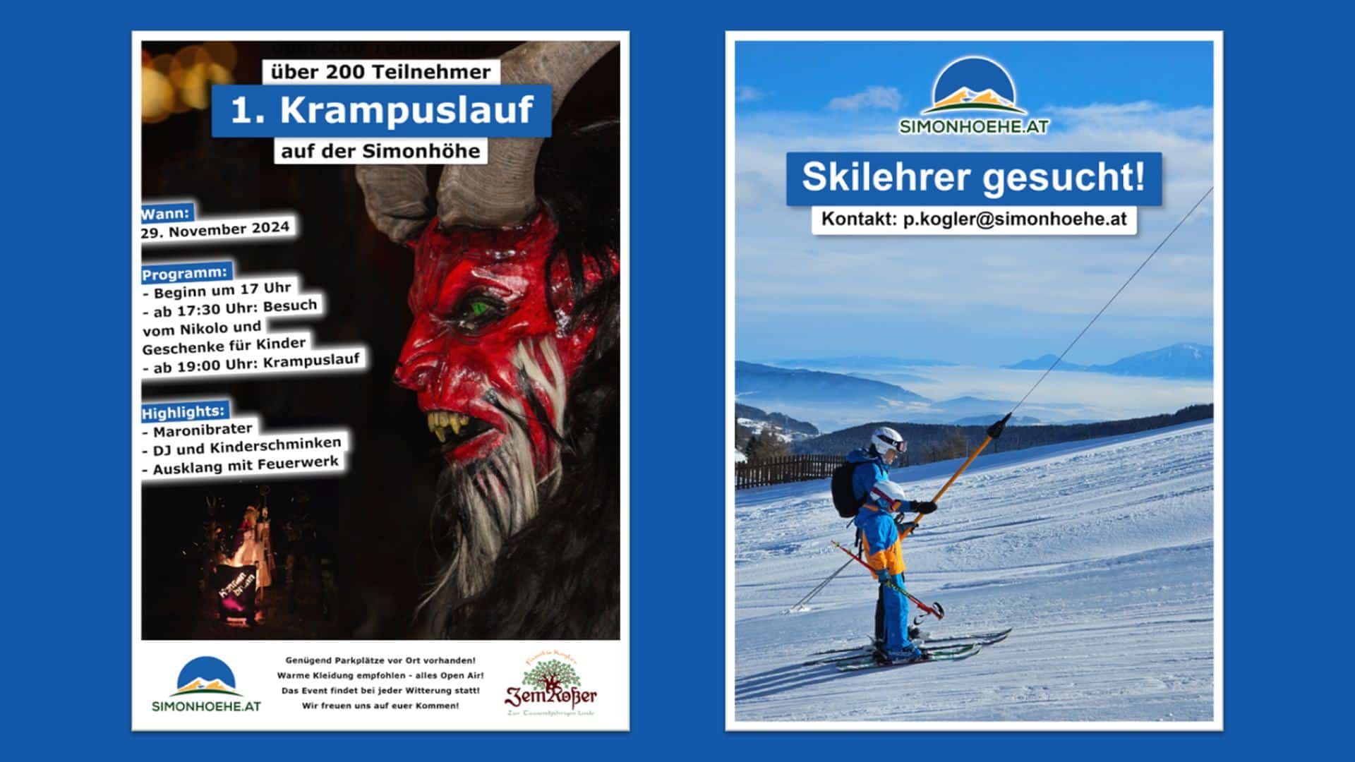 Jobanzeige für Skilehrer und Werbung für Krampuslauf auf der Simonhöhe